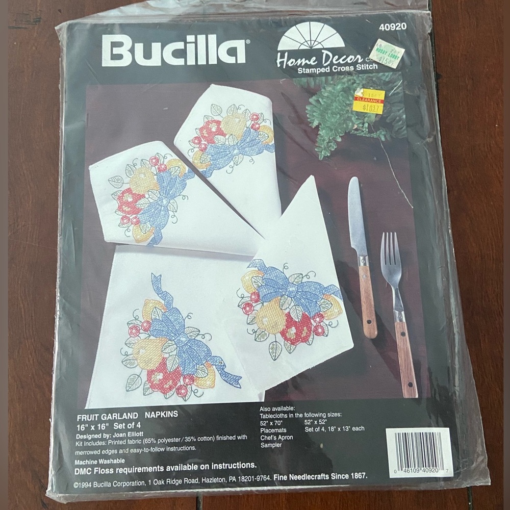 Bucilla Cross Stitch Kit- Fruit Garland Napkins (4)